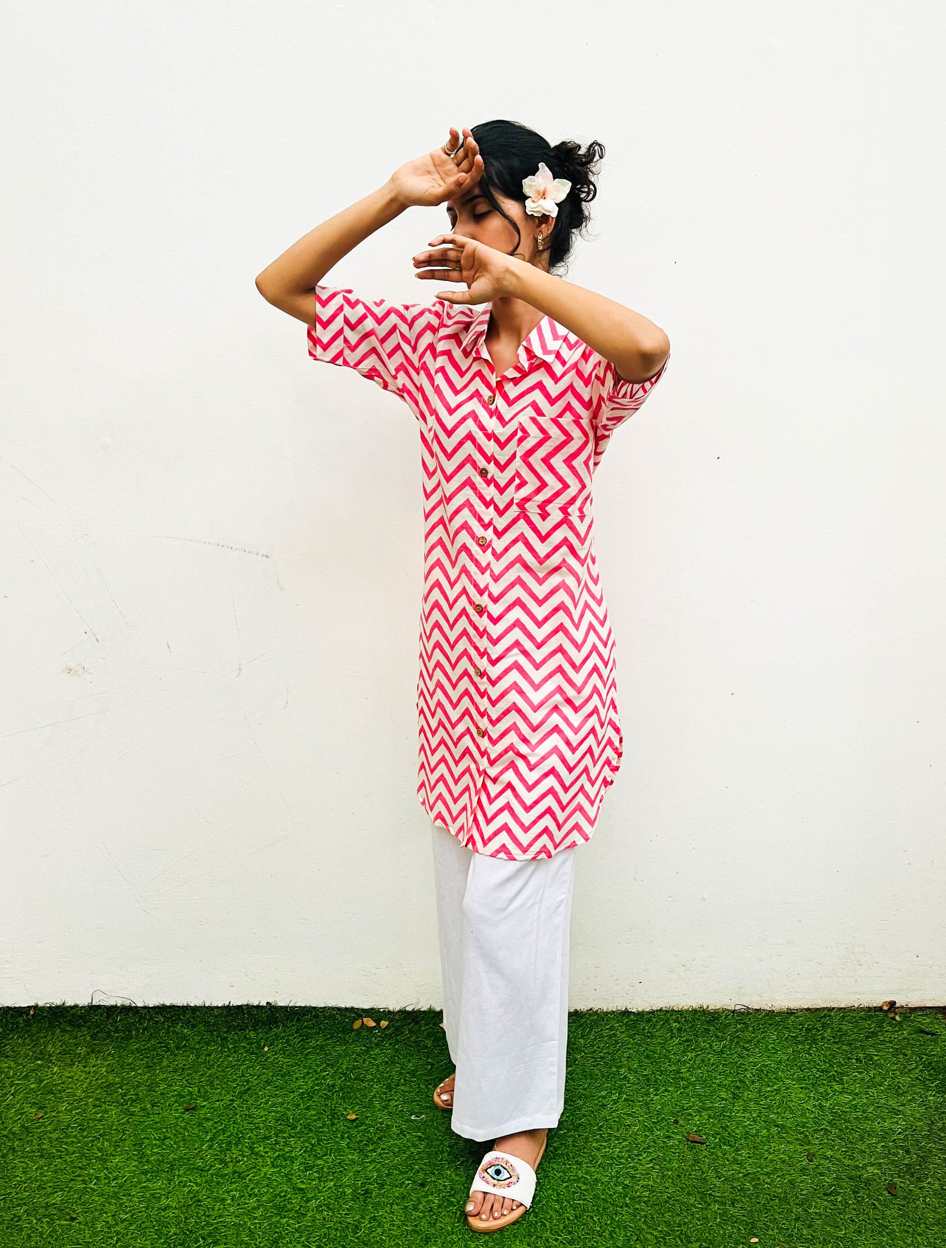 PINK CHEVRON PRINT - HALF AND HALF SHIRT KURTA BESU INDIA