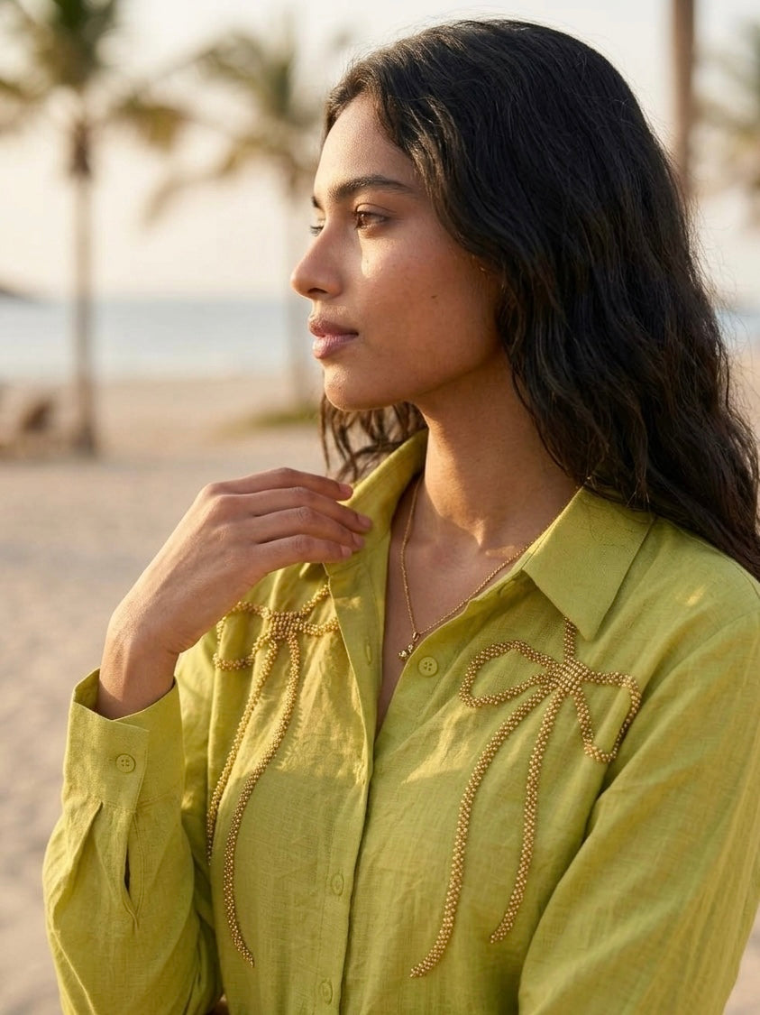 EARTHY GREEN SHIRT WITH BEADED BOW BESU INDIA