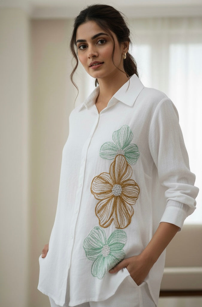 WHITE LINEN COLOURFUL THREAD EMBROIDERED AND EMBELLISHED CO-ORDS BESU INDIA