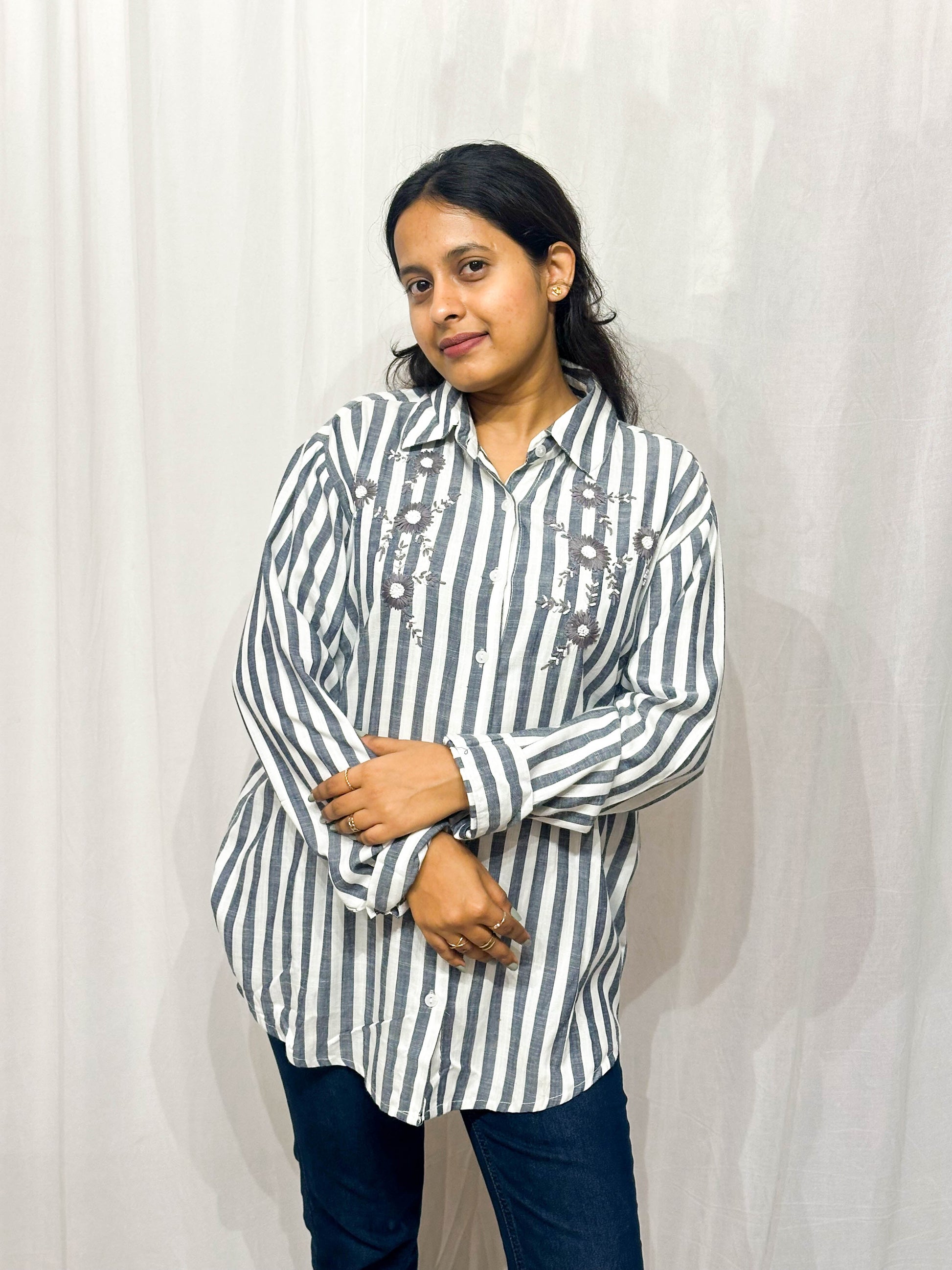 BLACK AND WHITE STRIPED COTTON SHIRT WITH FLORAL HAND EMBROIDERY BESU INDIA