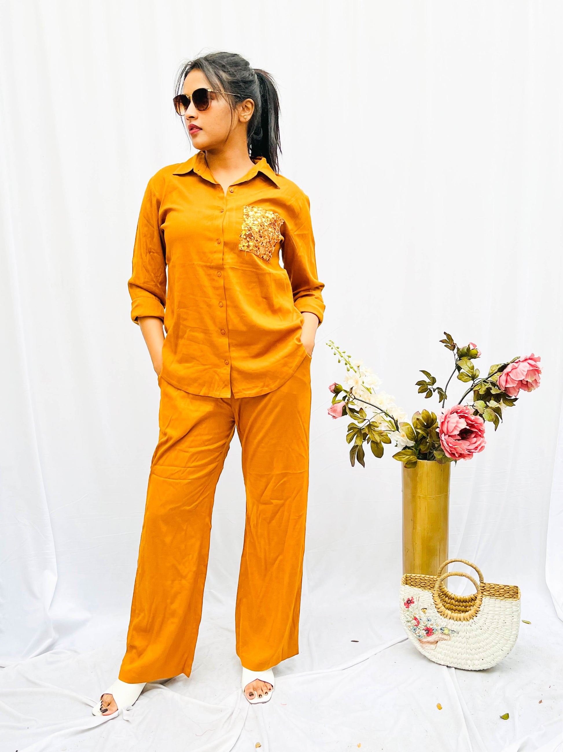 MUSTARD SEQUINS POCKET CO-ORD SET BESU INDIA