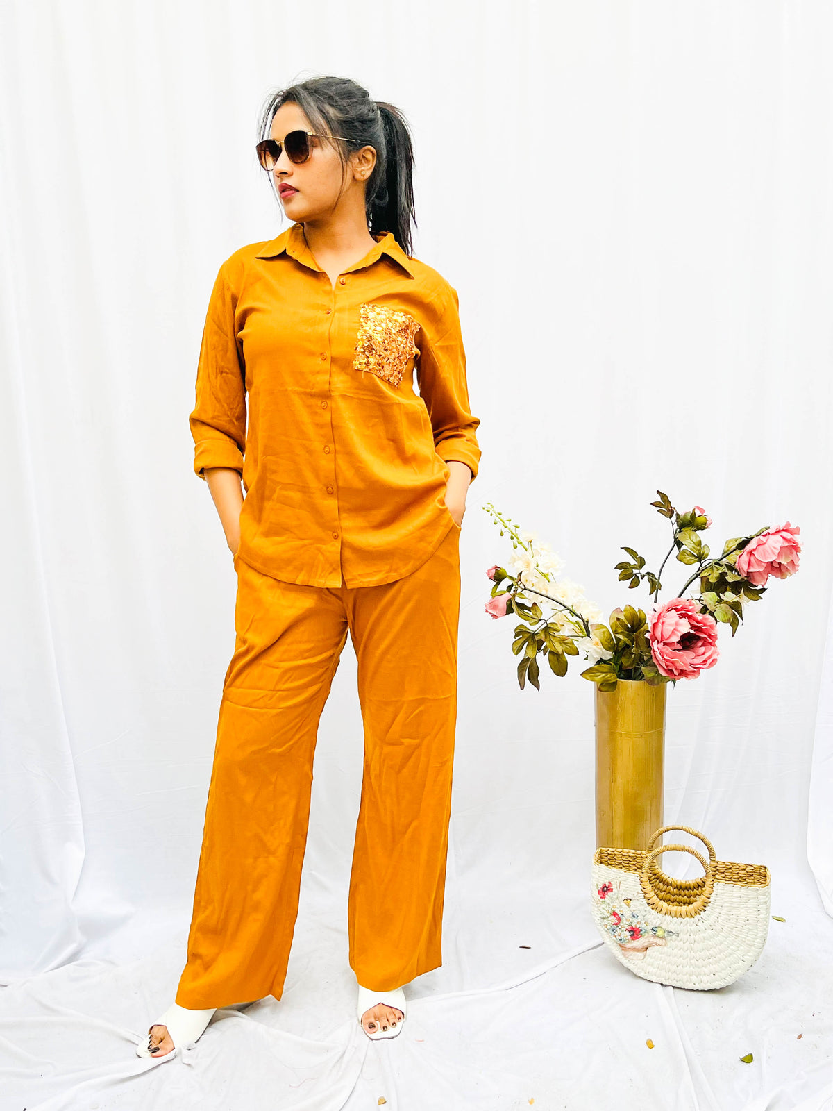 MUSTARD SEQUINS POCKET CO-ORD SET BESU INDIA