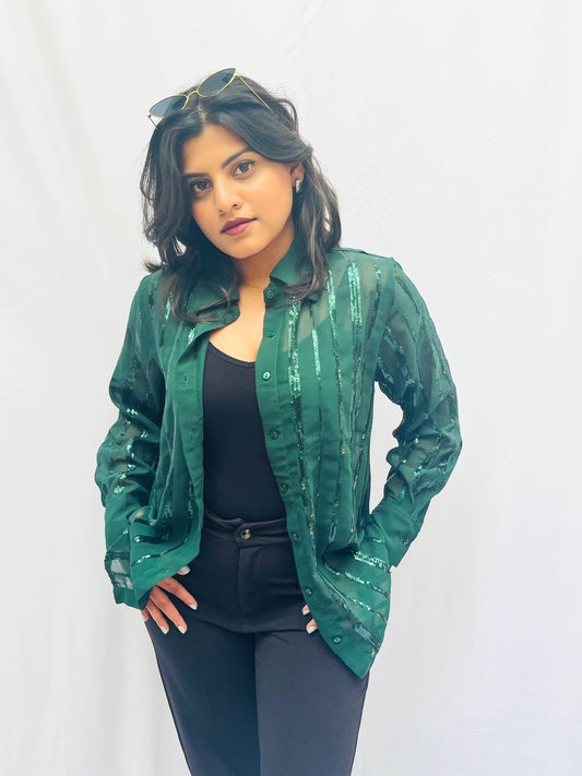BOTTLE GREEN SEQUINS SEMI-TRANSPARENT SHIRT BESU INDIA
