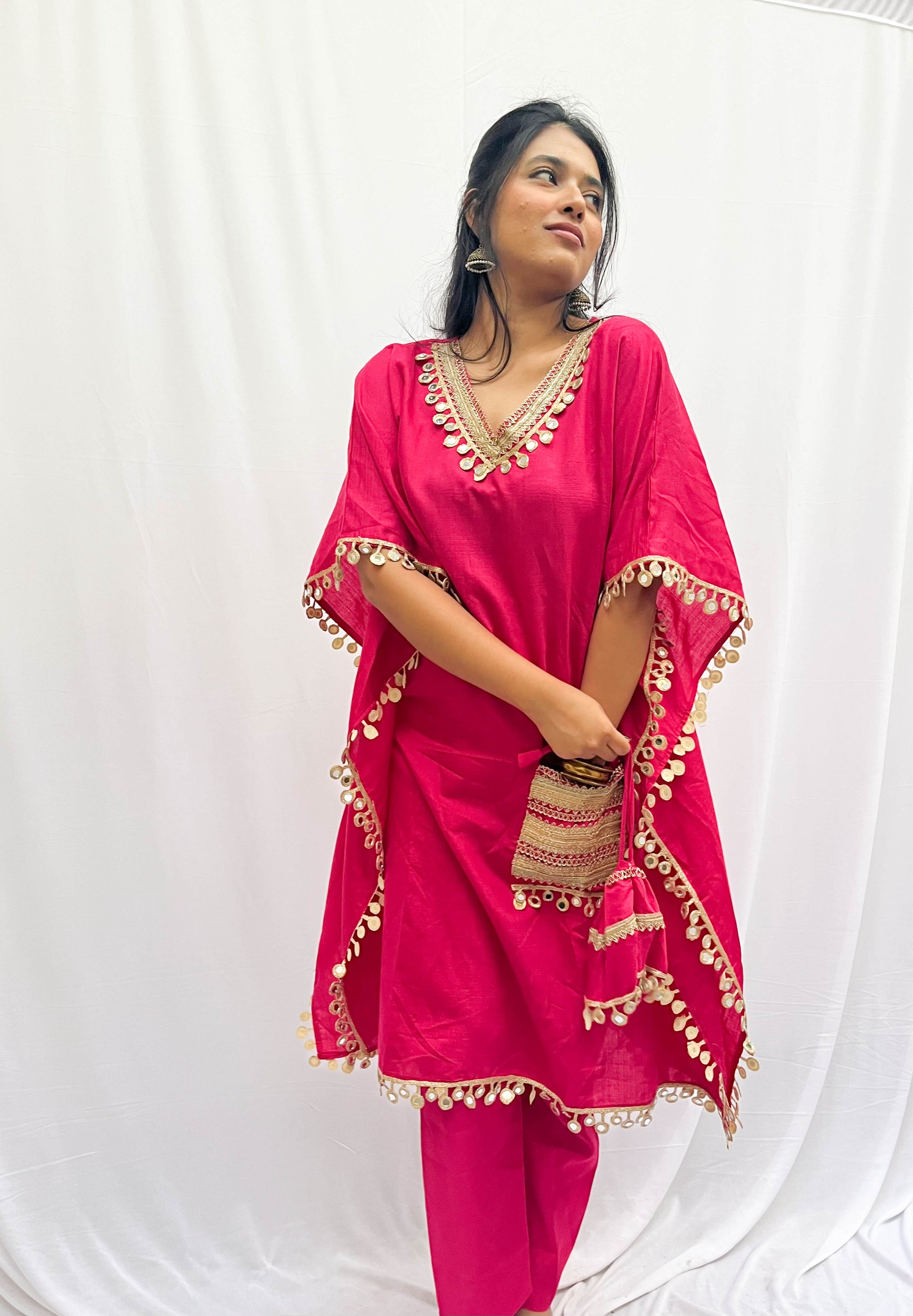 PINK MIRROR WORK KHAFTAN WITH STRAIGHT PANTS AND BAG BESU INDIA