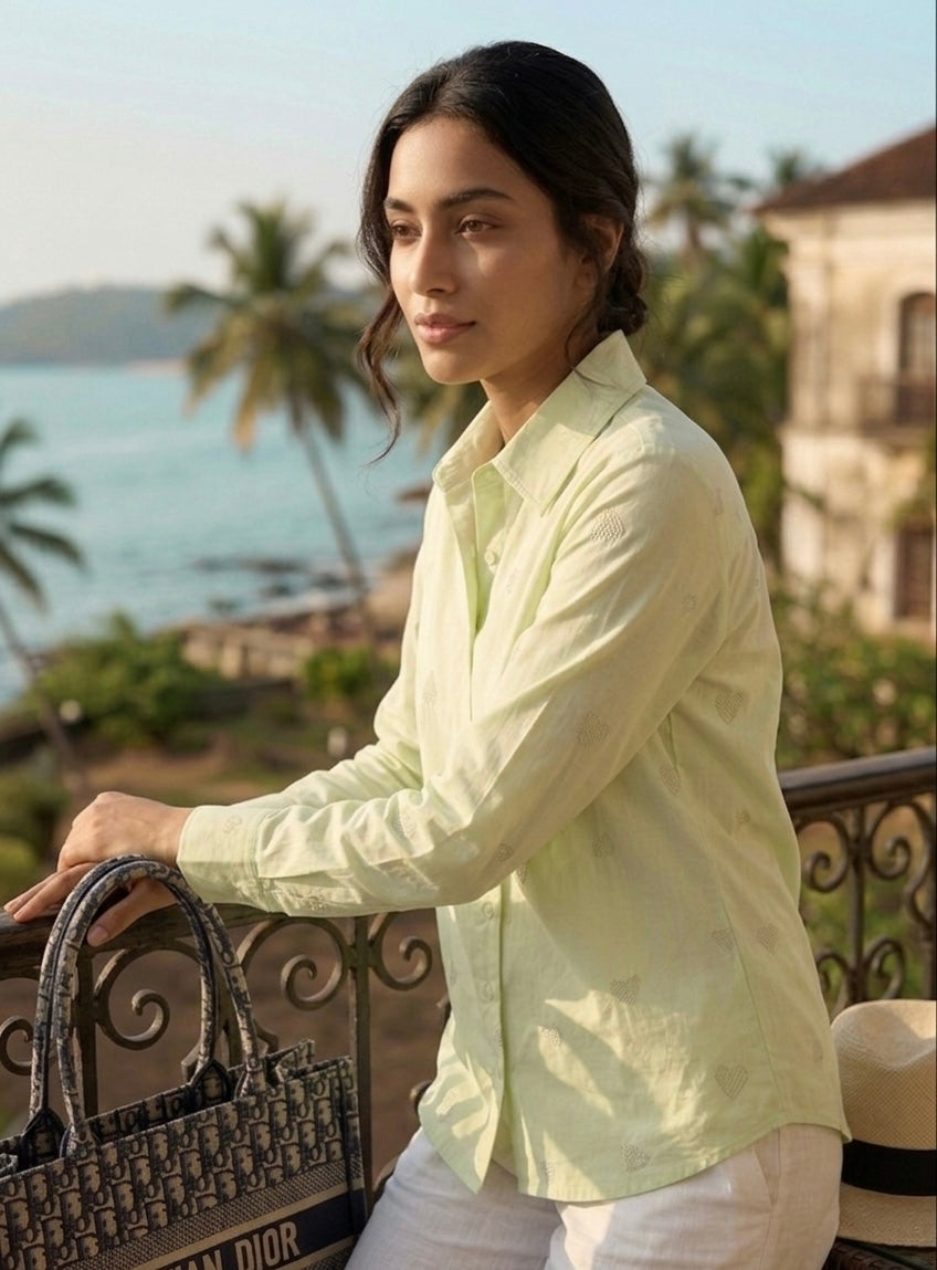 LIME GREEN HEART EMBROIDERED SHIRT BESU INDIA