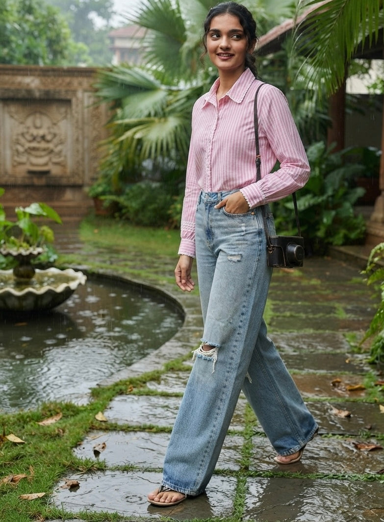 THE COTTON CANDY SCALLOP-TRIM STRIPE SHIRT BESU INDIA