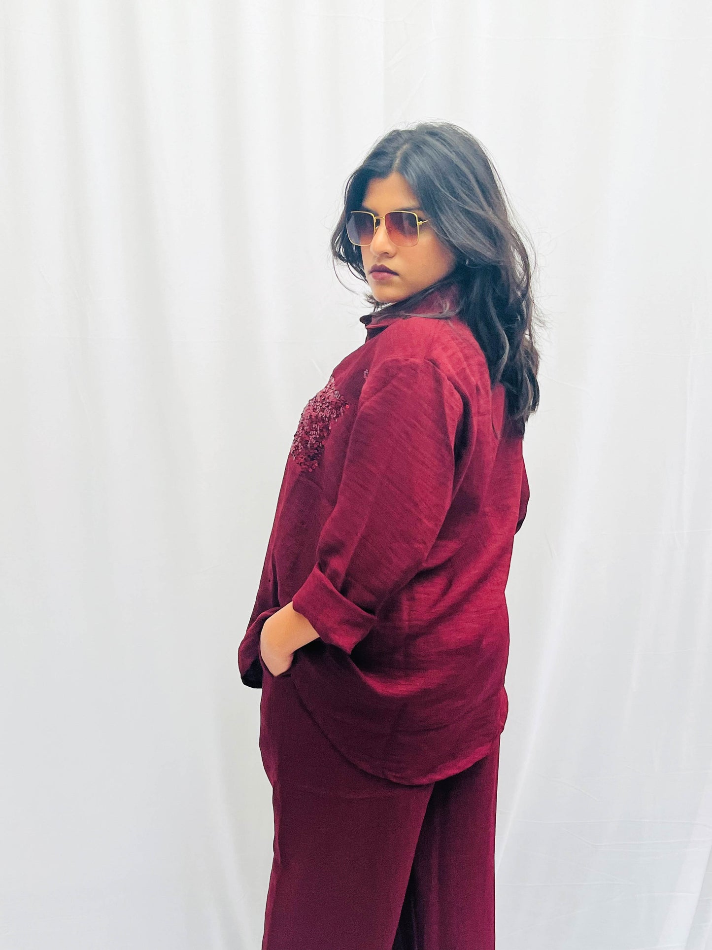 WINE RED LINEN CO-ORDS WITH SEQUINS POCKETS BESU INDIA