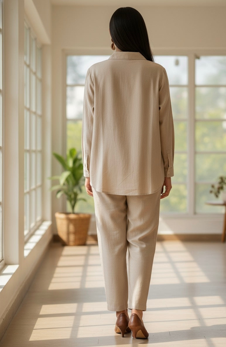 BEIGE LINEN THREAD  EMBROIDERED AND EMBELLISHED CO-ORDS BESU INDIA