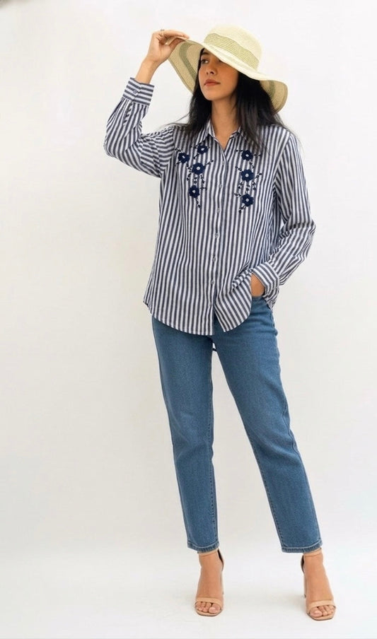 NAVY BLUE STRIPED SHIRT WITH FLORAL EMBROIDERY BESU INDIA