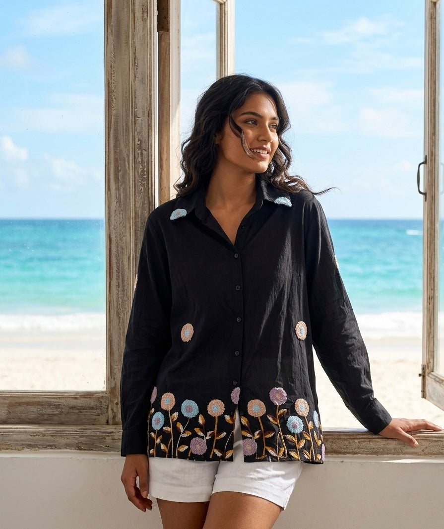 ARTISANAL BLOOM BLACK LINEN BLEND SHIRT BESU INDIA