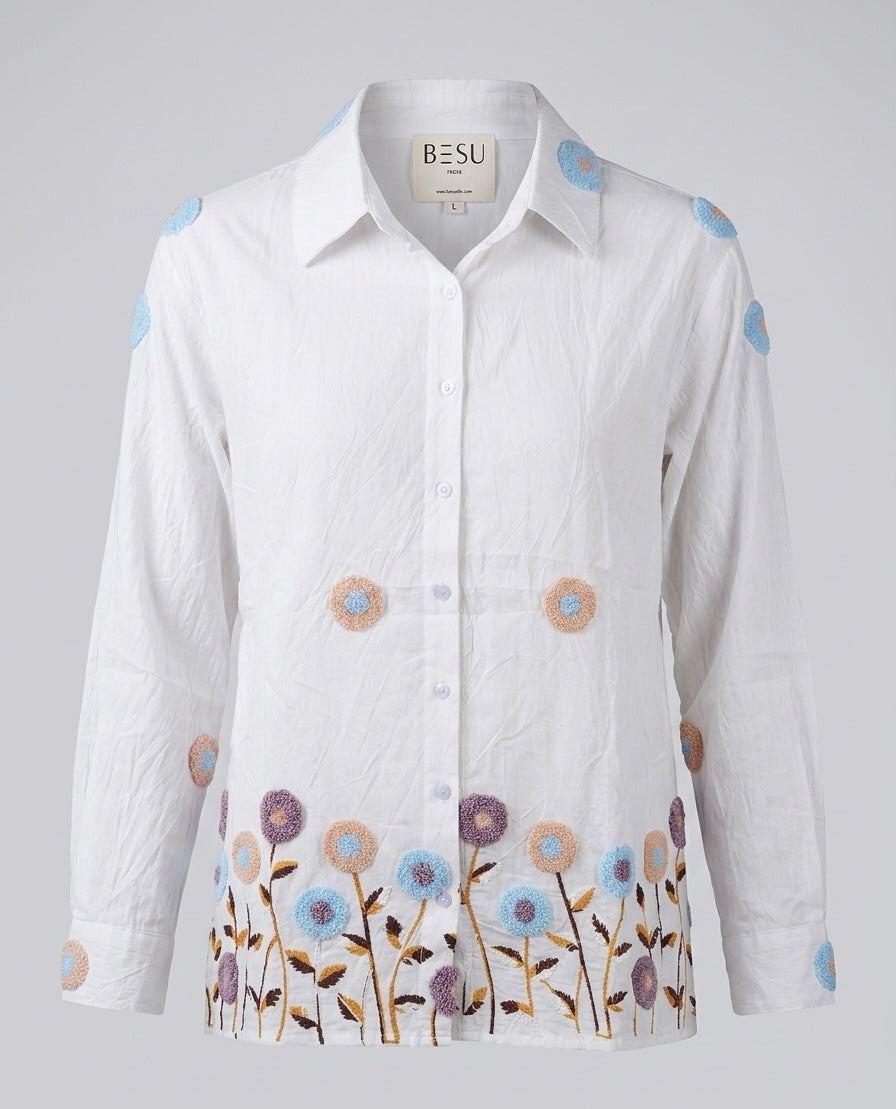 ARTISANAL BLOOM WHITE LINEN BLEND SHIRT BESU INDIA