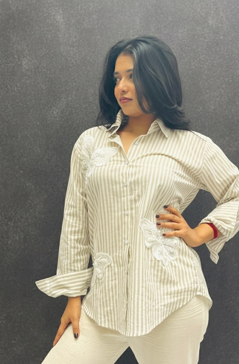 CREAM STRIPED SHIRT WITH BUTTERFLY PATCHWORK BESU INDIA
