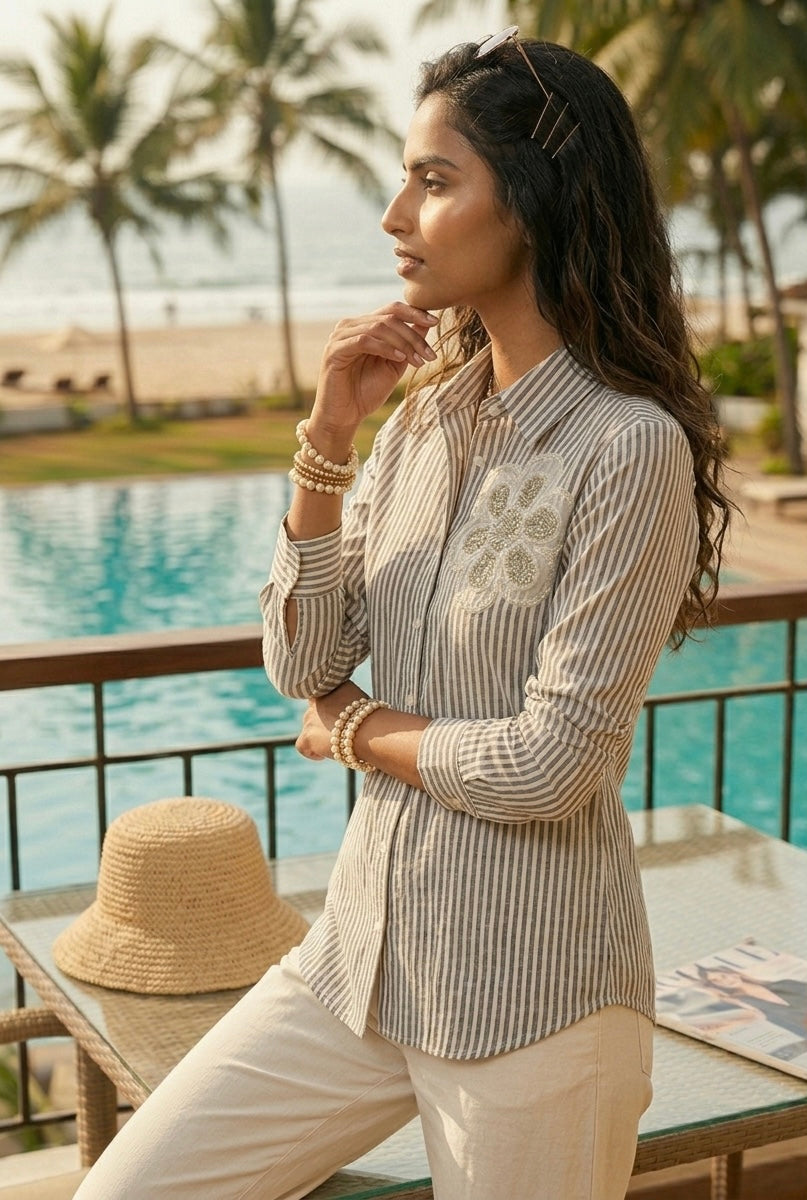 GREY AND WHITE STRIPED SHIRT WITH FLORAL DETAIL BESU INDIA