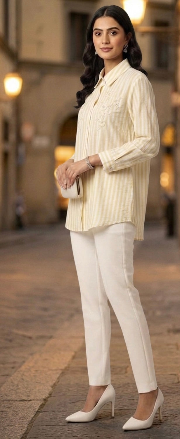 YELLOW STRIPED SHIRT WITH FLORAL EMBROIDERY BESU INDIA