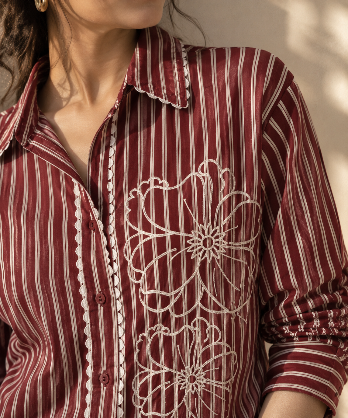 MAROON STRIPED EMBROIDERED SHIRT BESU INDIA