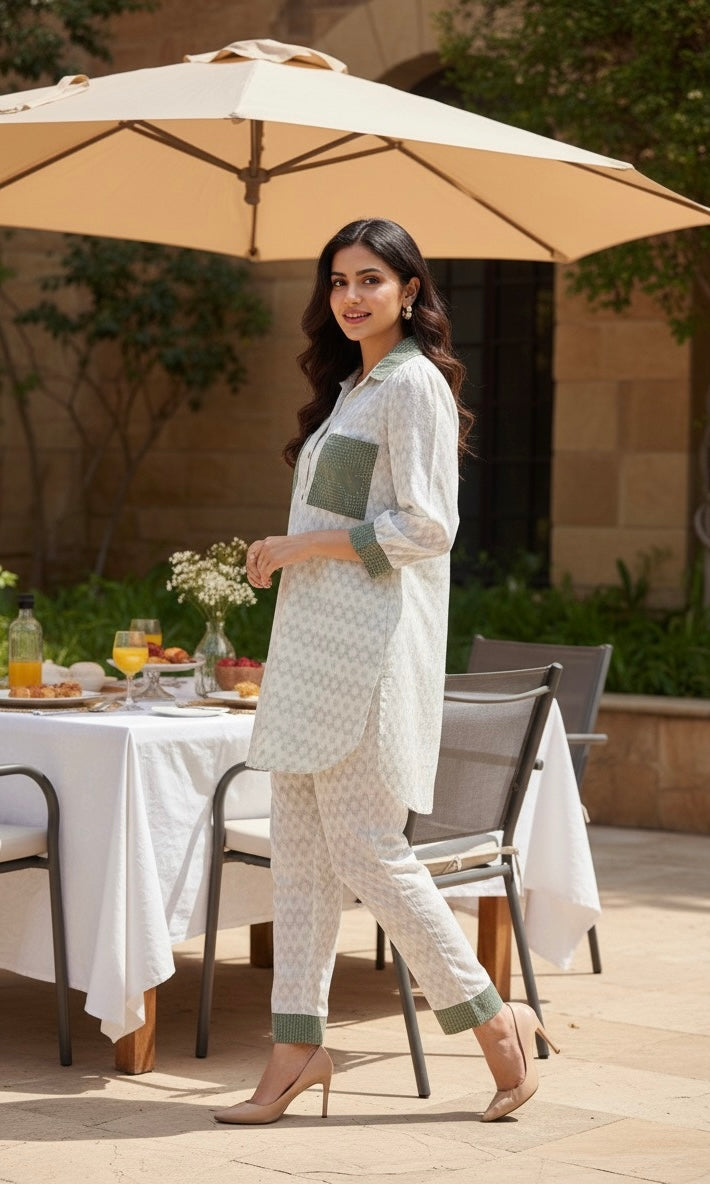 SILVER PATTERN PRINT KURTA CO-ORD SET BESU INDIA
