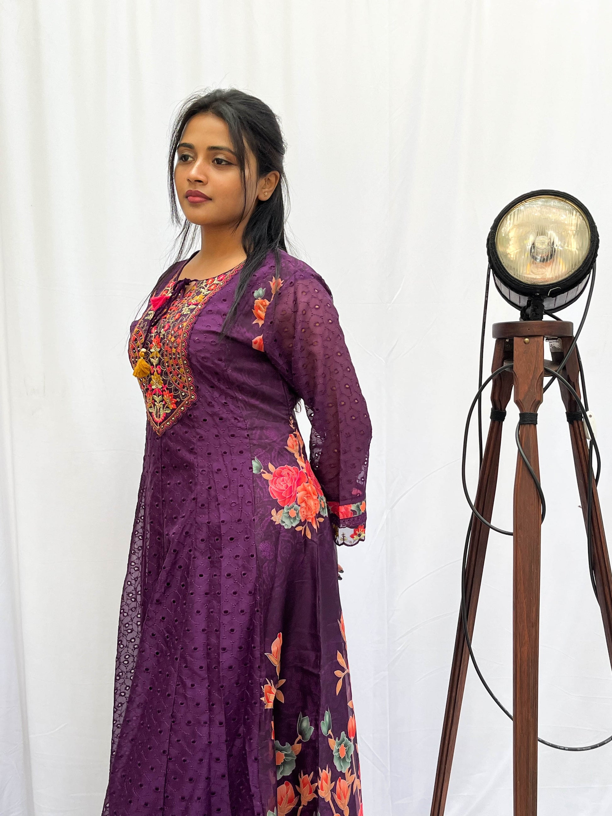 PURPLE EMBROIDERED AND PRINTED ANARKALI SET BESU INDIA