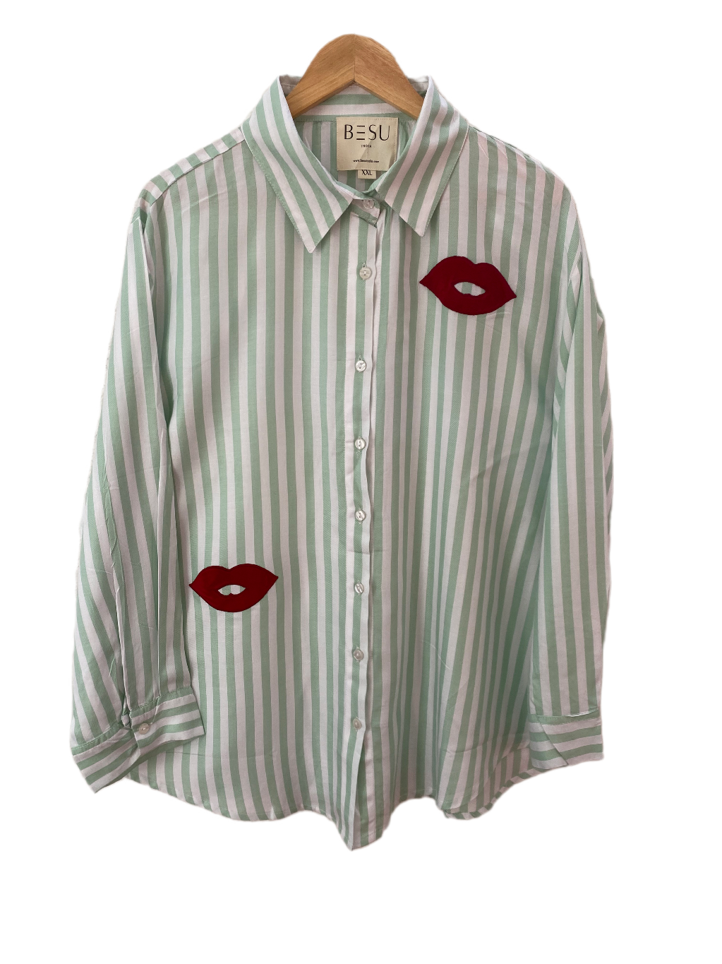 LIGHT GREEN STRIPED SHIRT WITH PATCHWORK