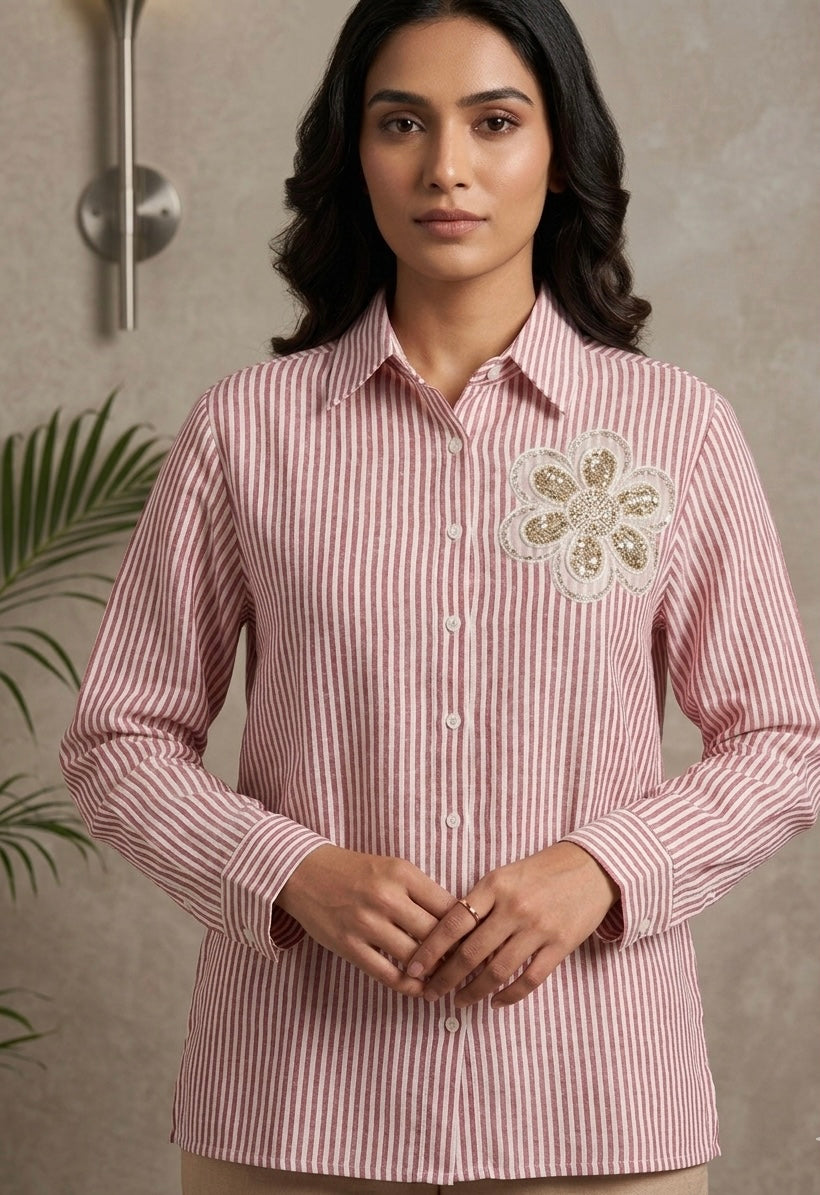 BURGUNDY AND WHITE STRIPED SHIRT BESU INDIA