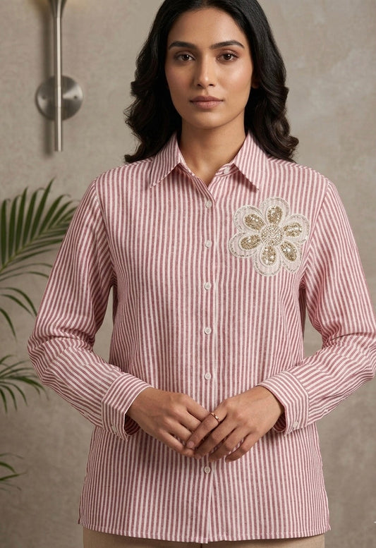 BURGUNDY AND WHITE STRIPED SHIRT BESU INDIA