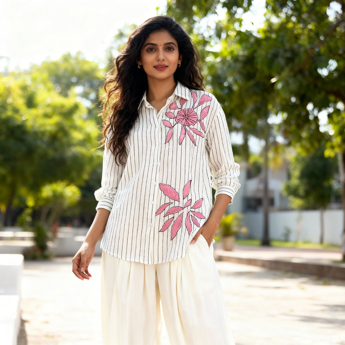 BLACK AND WHITE STRIPED COTTON SHIRT WITH PATCHWORK BESU INDIA