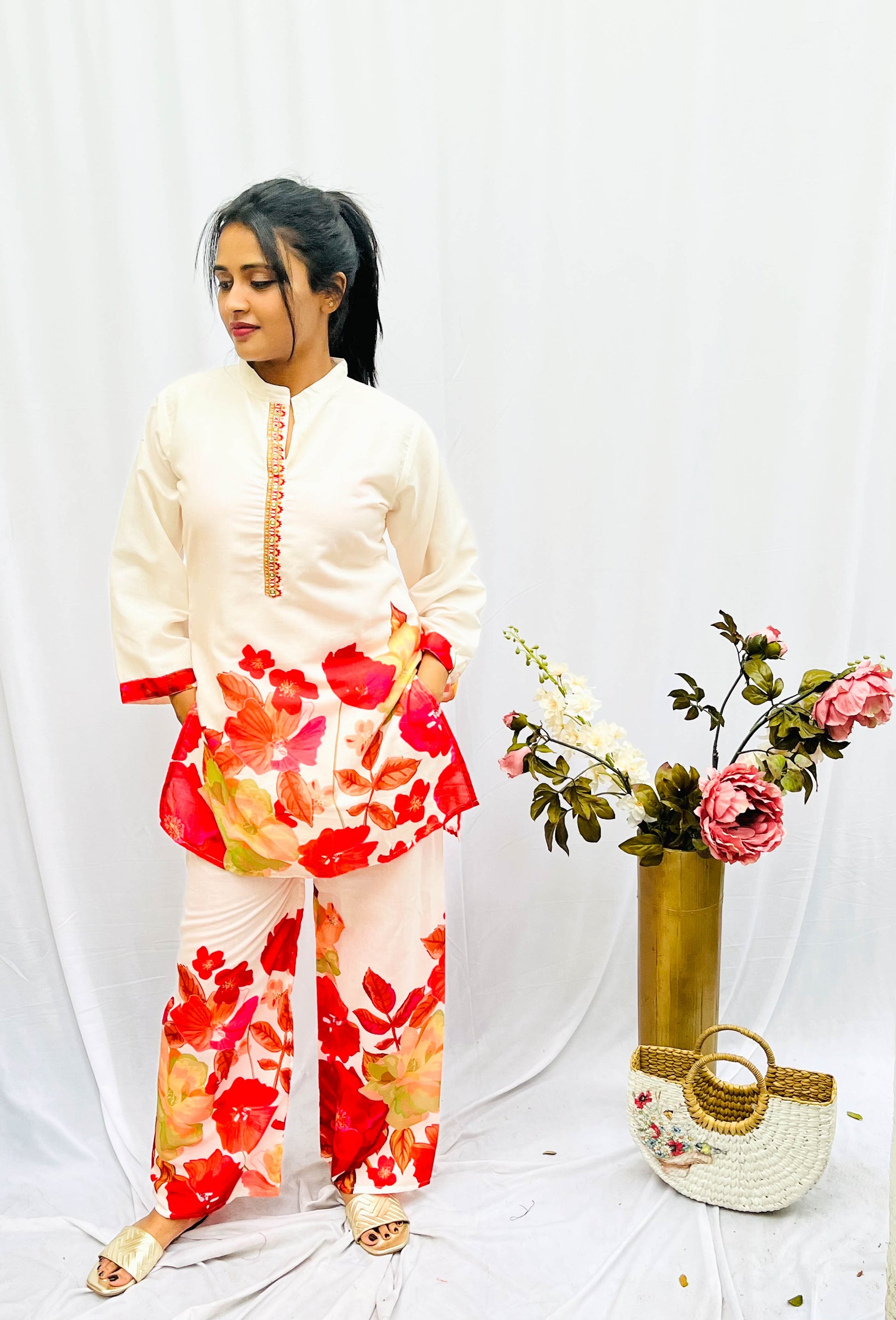 FLORAL PRINT CHINESE COLLAR COTTON KURTA SET BESU INDIA