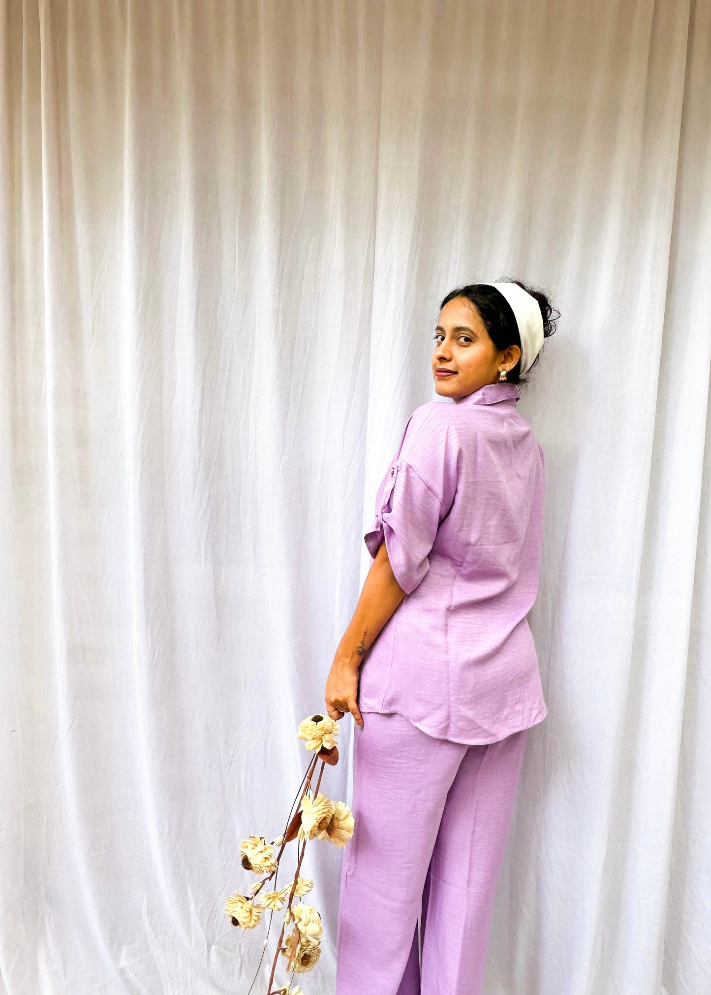 LIGHT LAVENDER SOFT COTTON CO-ORDS WITH ELEGANT GOLD BUTTONS BESU INDIA