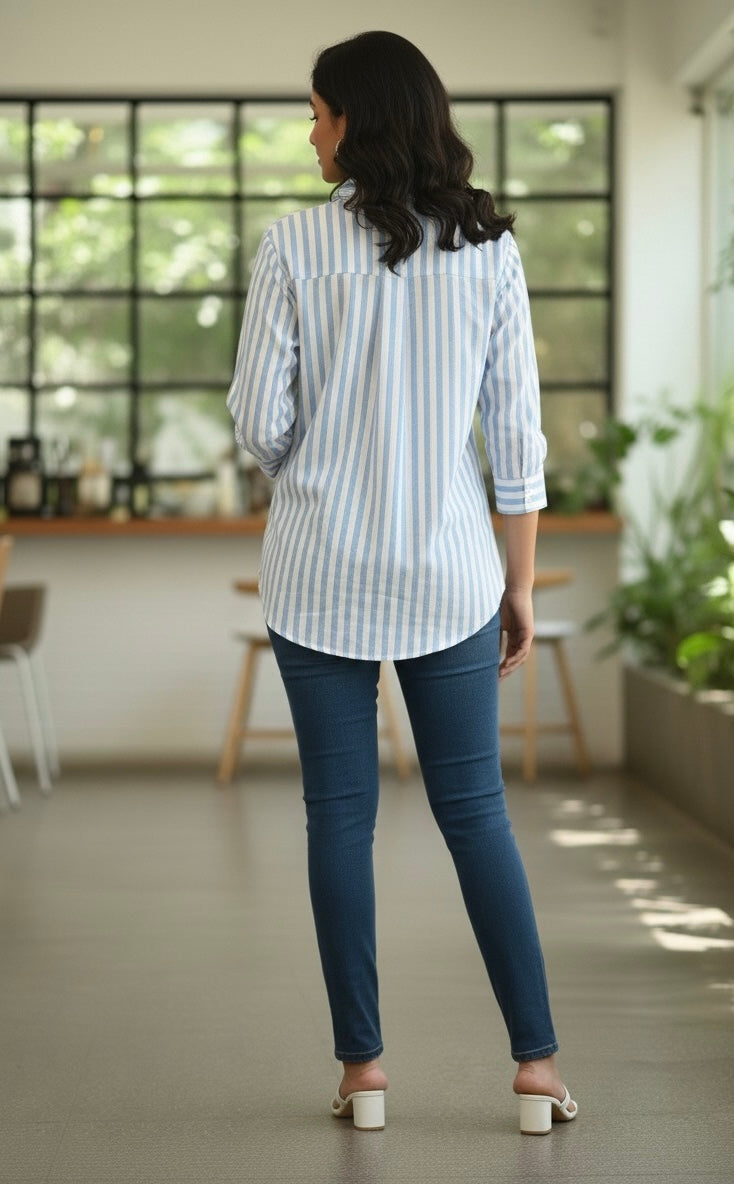 BLUE AND WHITE STRIPED SHIRT WITH SEQUINS EMBROIDERY BESU INDIA