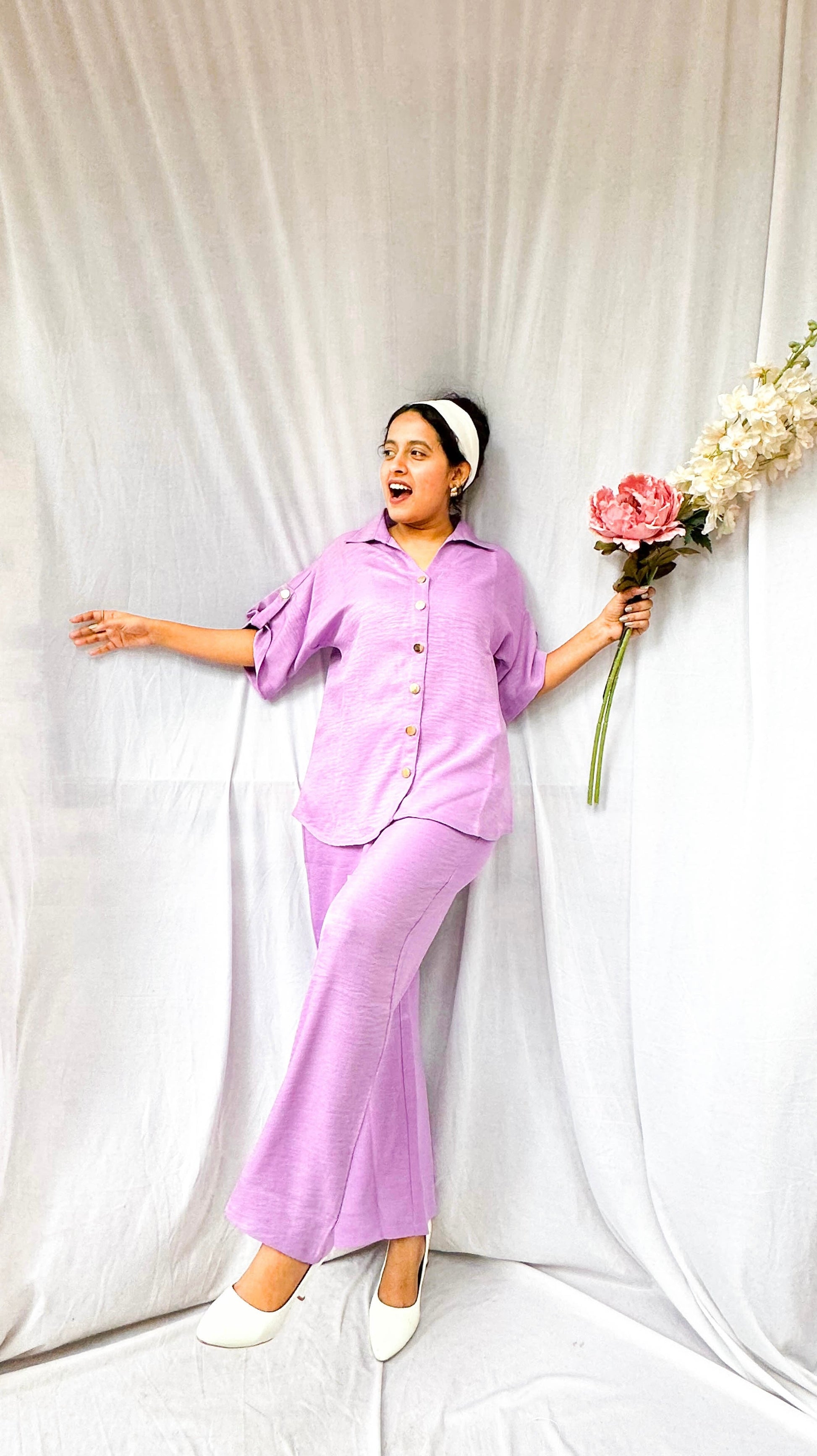 LIGHT LAVENDER SOFT COTTON CO-ORDS WITH ELEGANT GOLD BUTTONS BESU INDIA