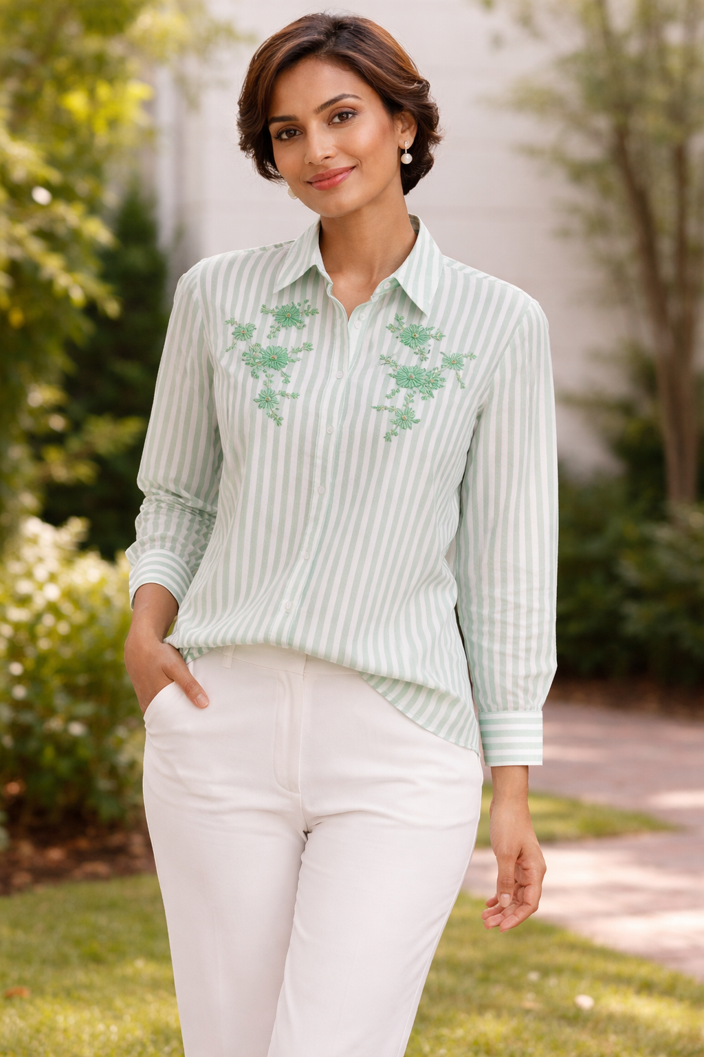 MINT GREEN STRIPED SHIRT WITH FLORAL EMBROIDERY BESU INDIA