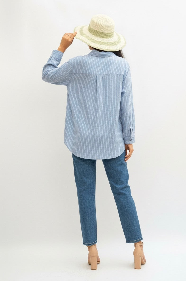 LIGHT BLUE AND WHITE STRIPED LACE POCKET SHIRT BESU INDIA