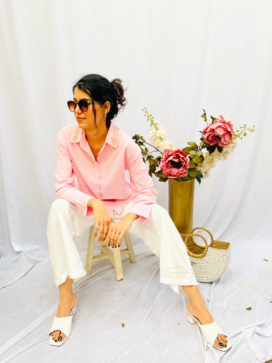 LIGHT PINK STRIPED SHIRT WITH EMBROIDERED COLLAR BESU INDIA