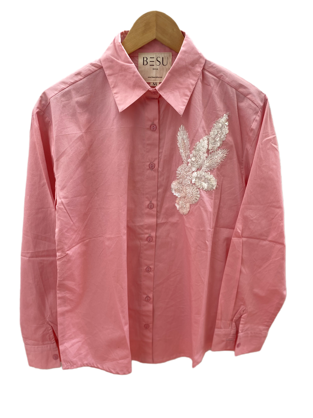 LIGHT PINK COTTON SHIRT WITH SEQUINS EMBROIDERY BESU INDIA