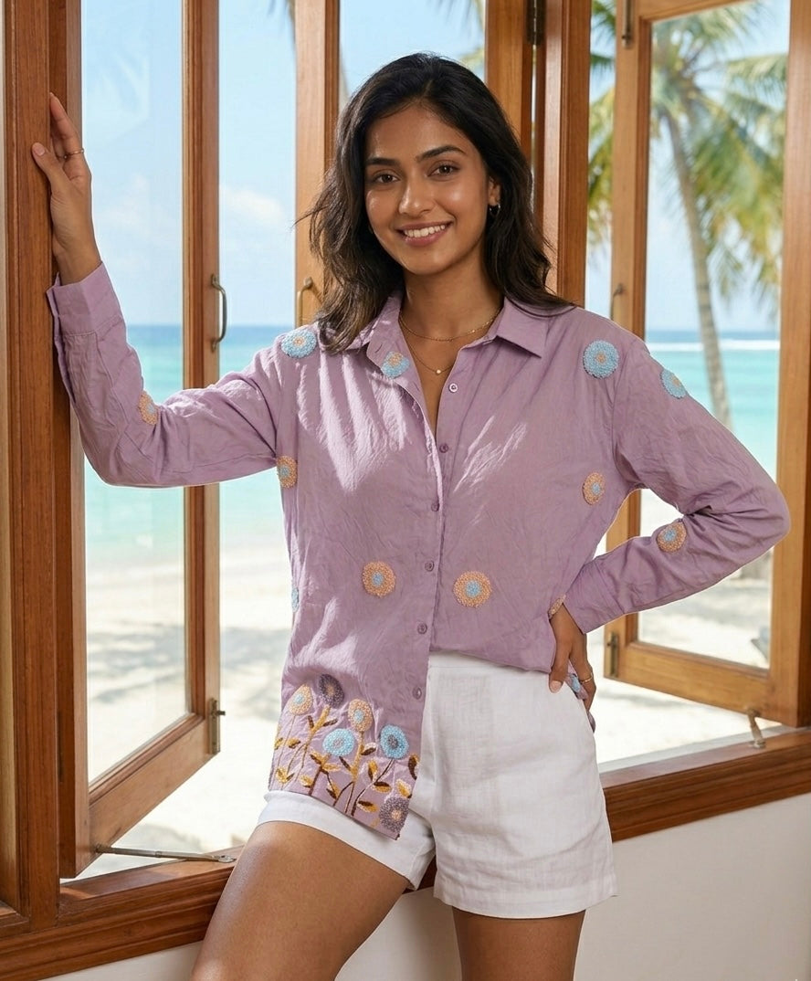ARTISANAL BLOOM PURPLE LINEN BLEND SHIRT BESU INDIA