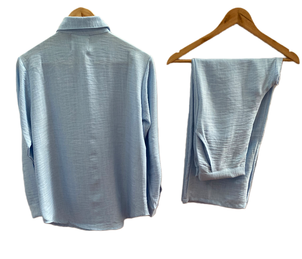 BLUE SOFT COTTON LINEN CO-ORDS WITH PATCHWORK WHITE SEQUINS EMBROIDERY BESU INDIA