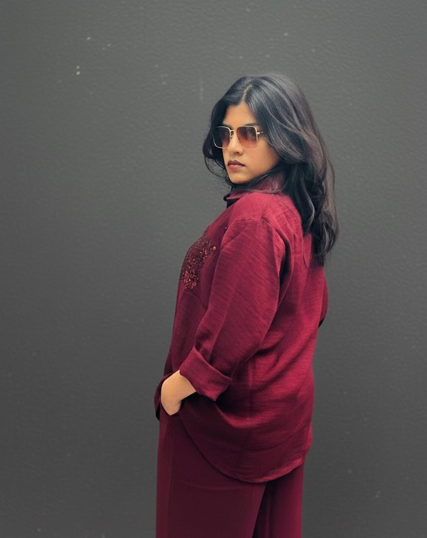 WINE RED LINEN CO-ORDS WITH SEQUINS POCKETS BESU INDIA