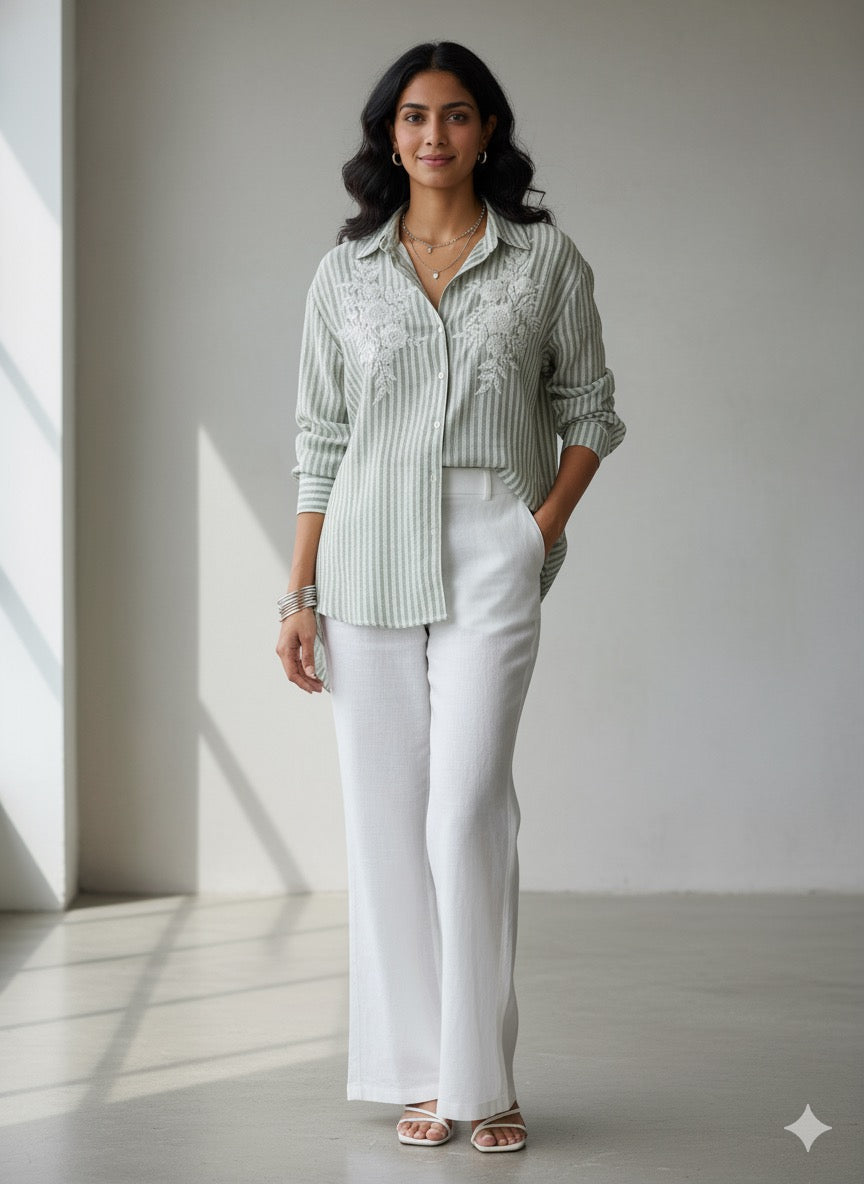 LIGHT SAGE GREEN AND WHITE STRIPED COTTON SHIRT BESU INDIA