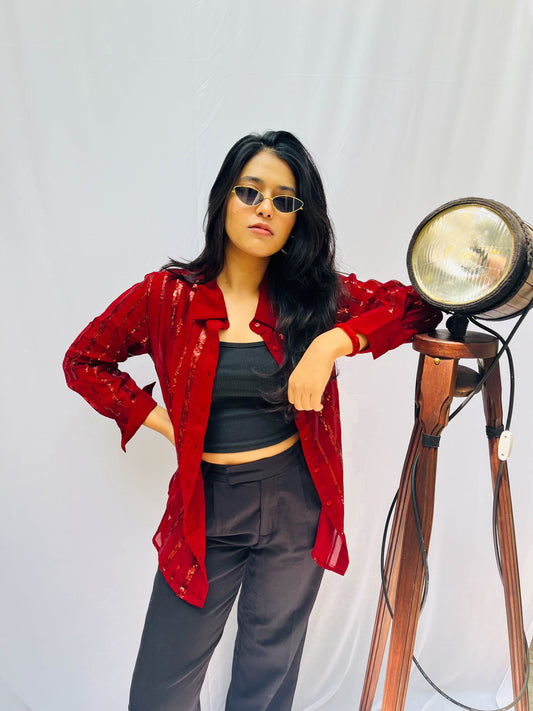 RED SEQUINS SEMI TRANSPARENT SHIRT BESU INDIA