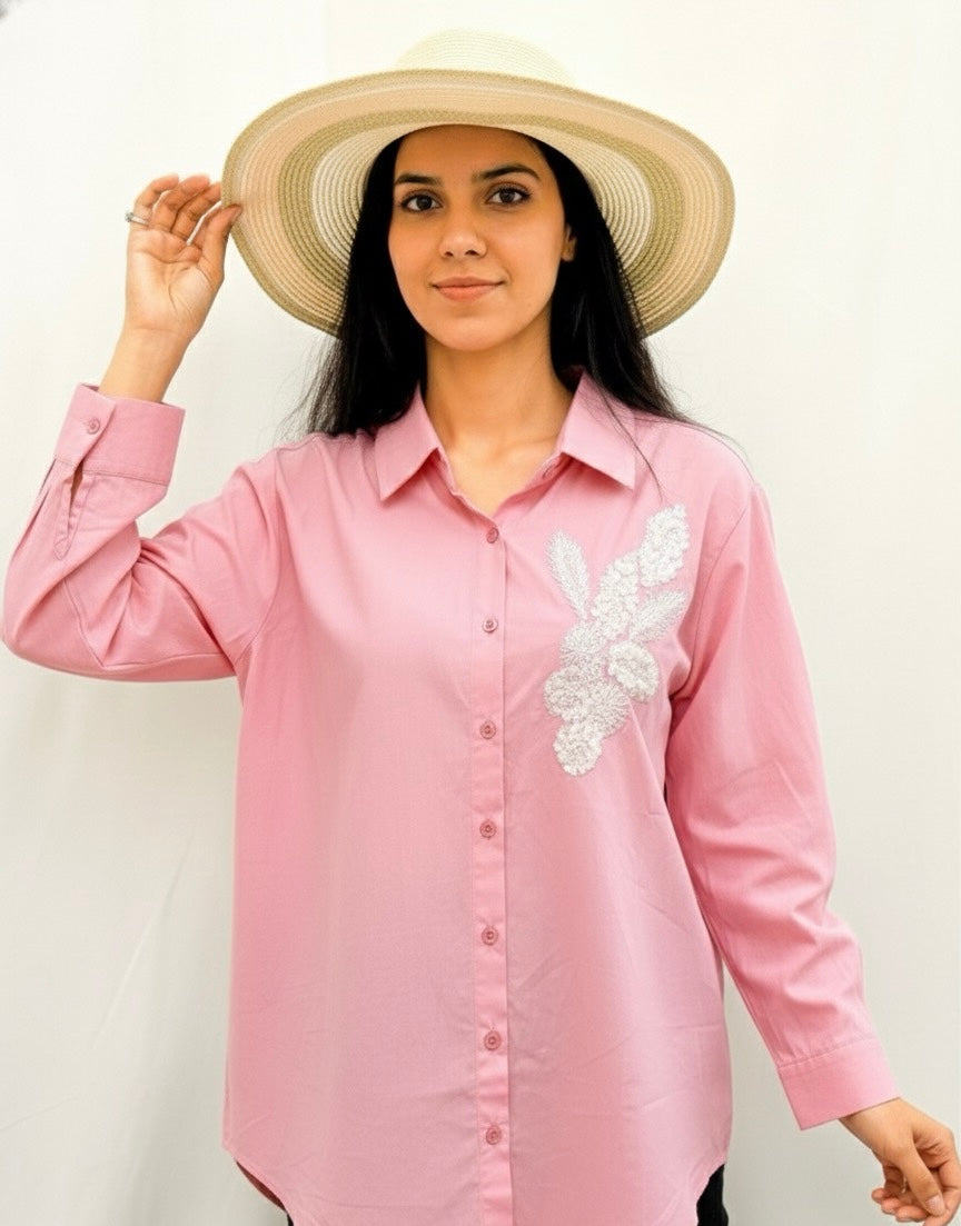 LIGHT PINK COTTON SHIRT WITH SEQUINS EMBROIDERY BESU INDIA