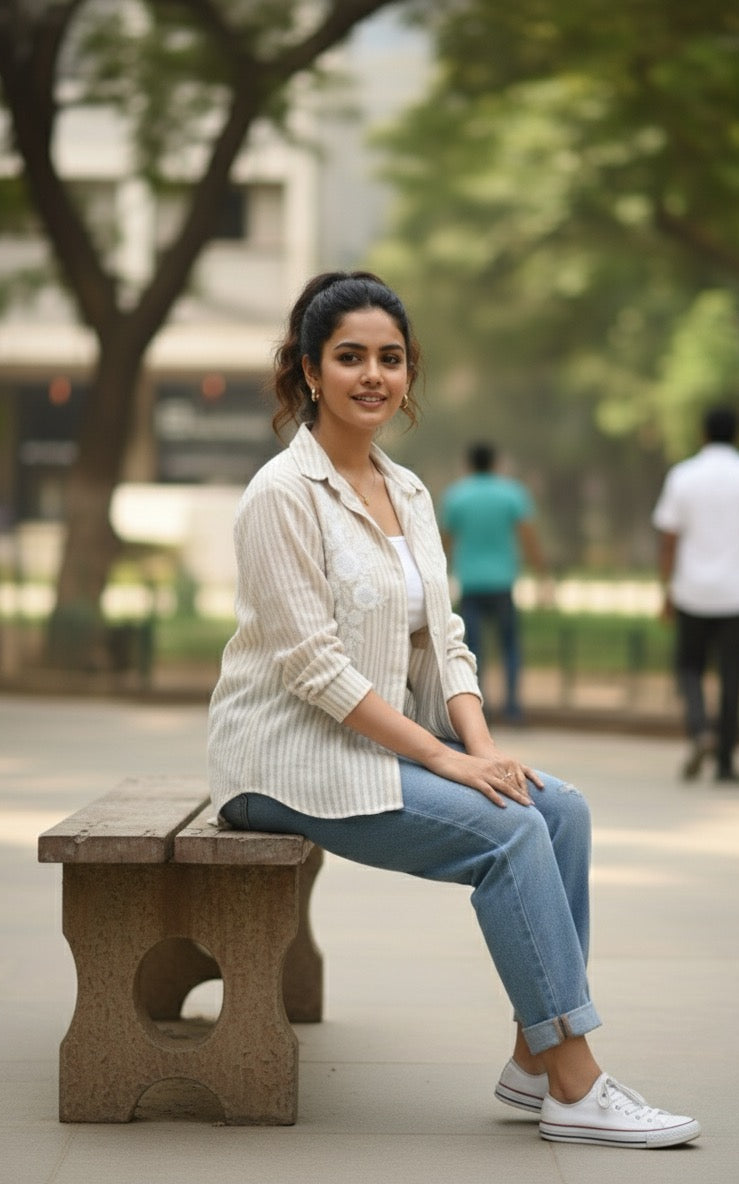BEIGE AND WHITE STRIPED COTTON SHIRT WITH PATCH WORK BESU INDIA
