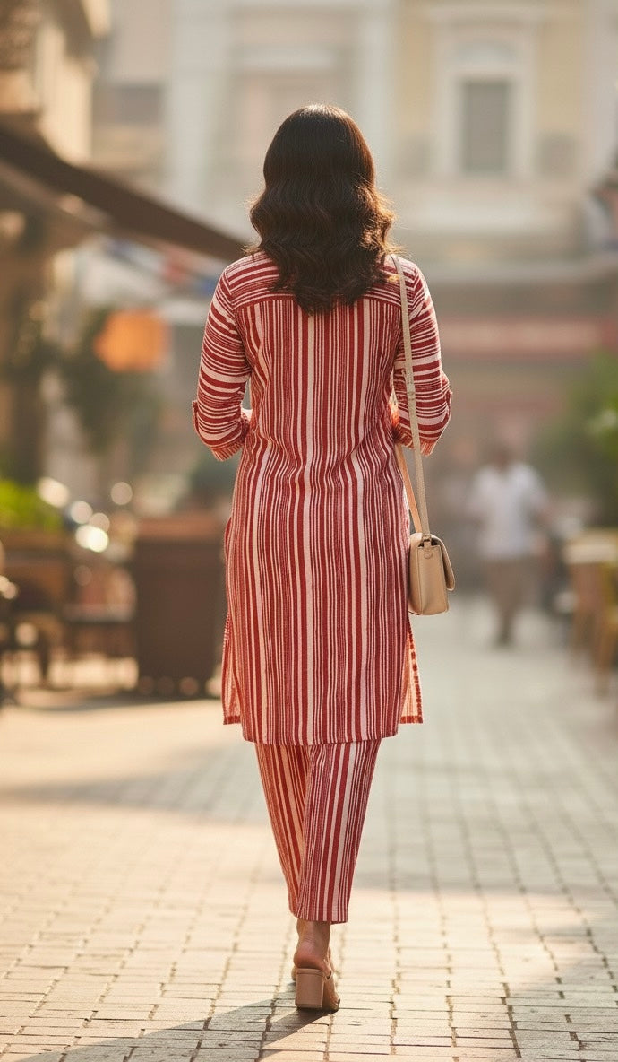 RED STRIPED KURTA CO-ORD SET BESU INDIA