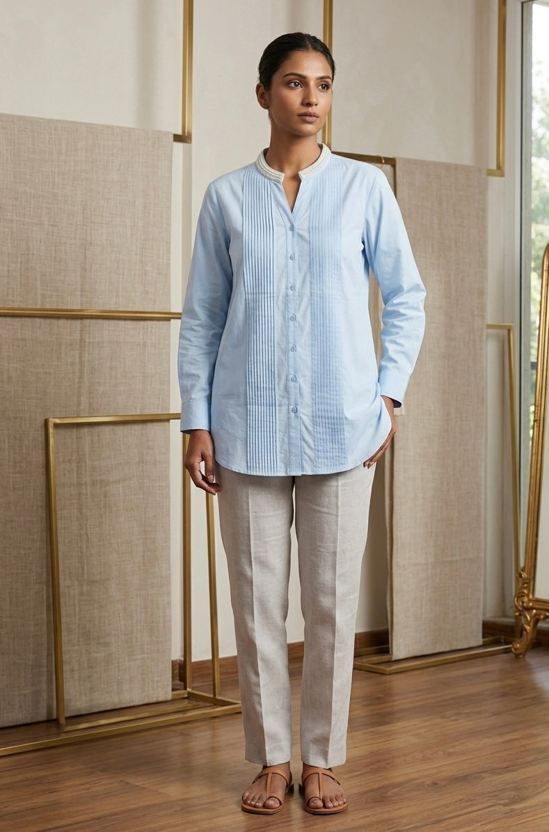 POWDER BLUE SHIRT WITH EMBROIDERED COLLAR BESU INDIA
