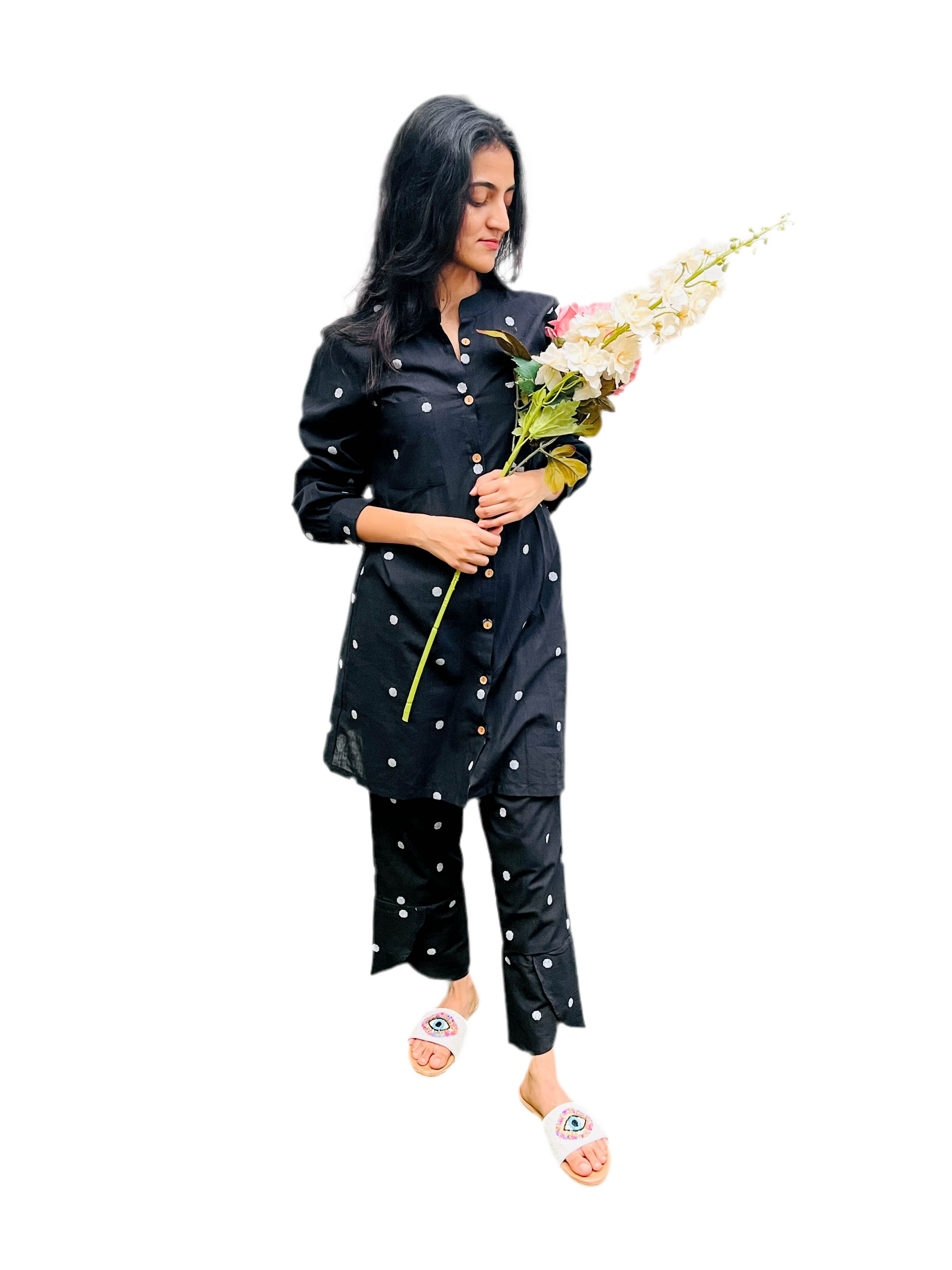 BLACK POLKA DOTTED COTTON CO-ORD KURTA SET BESU INDIA