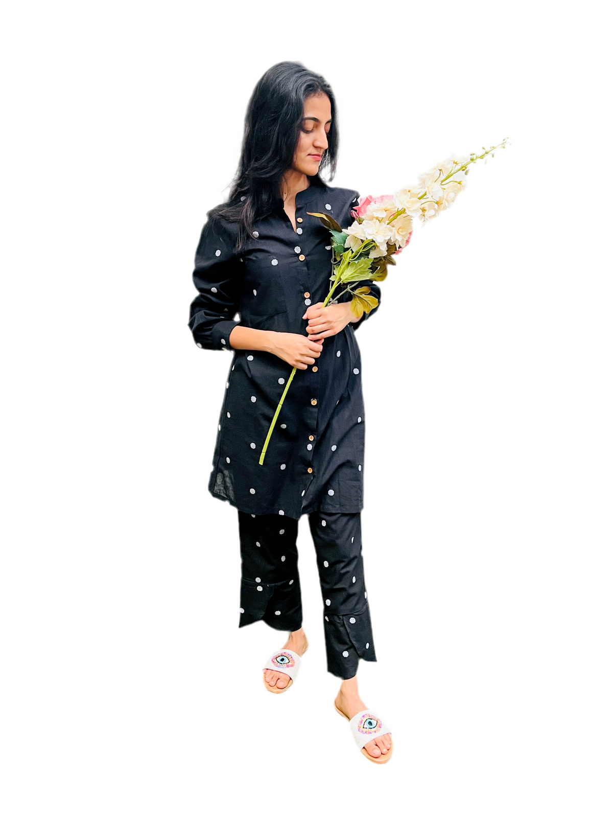 BLACK POLKA DOTTED COTTON CO-ORD KURTA SET BESU INDIA