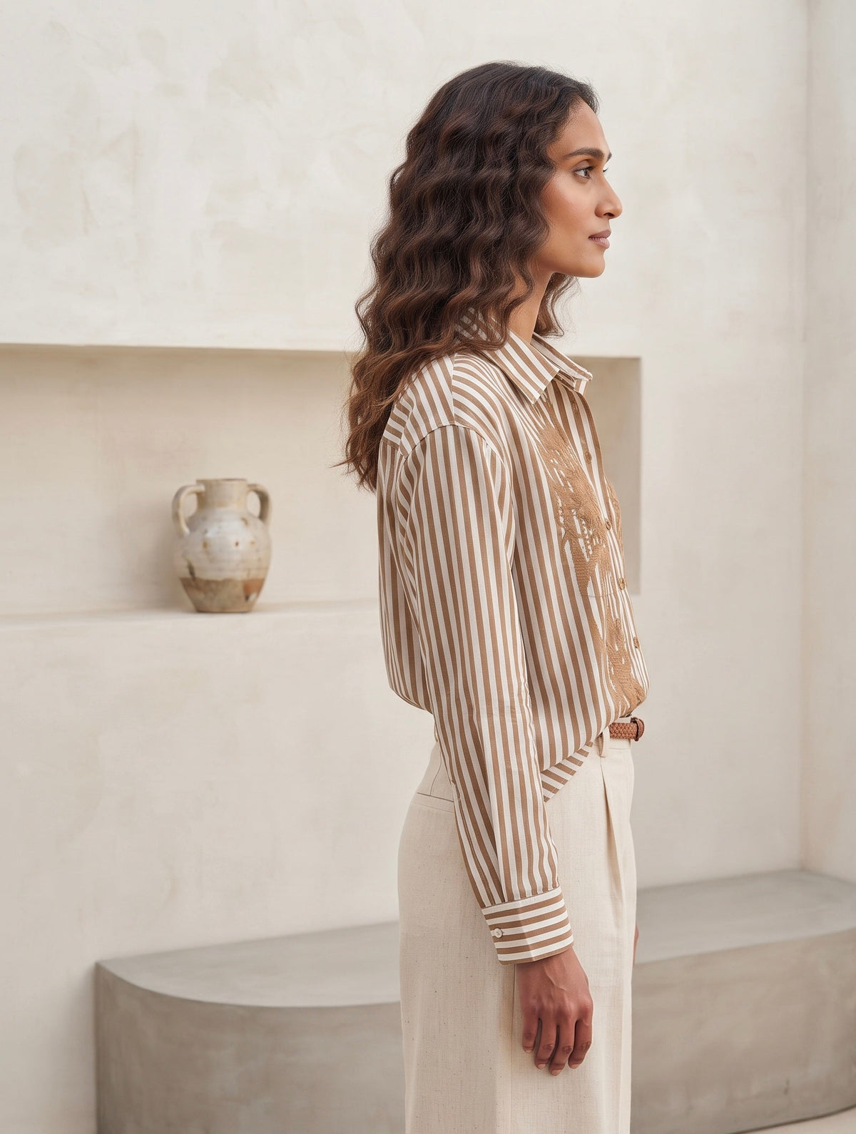 THE BROWN STRIPE SHIRT WITH EMBROIDERY BESU INDIA