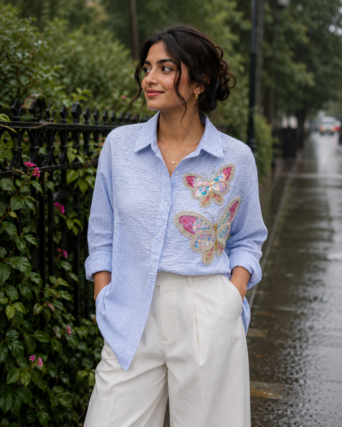 THE DARK BLUE STRIPED BUTTERFLY EMBROIDERED SHIRT BESU INDIA