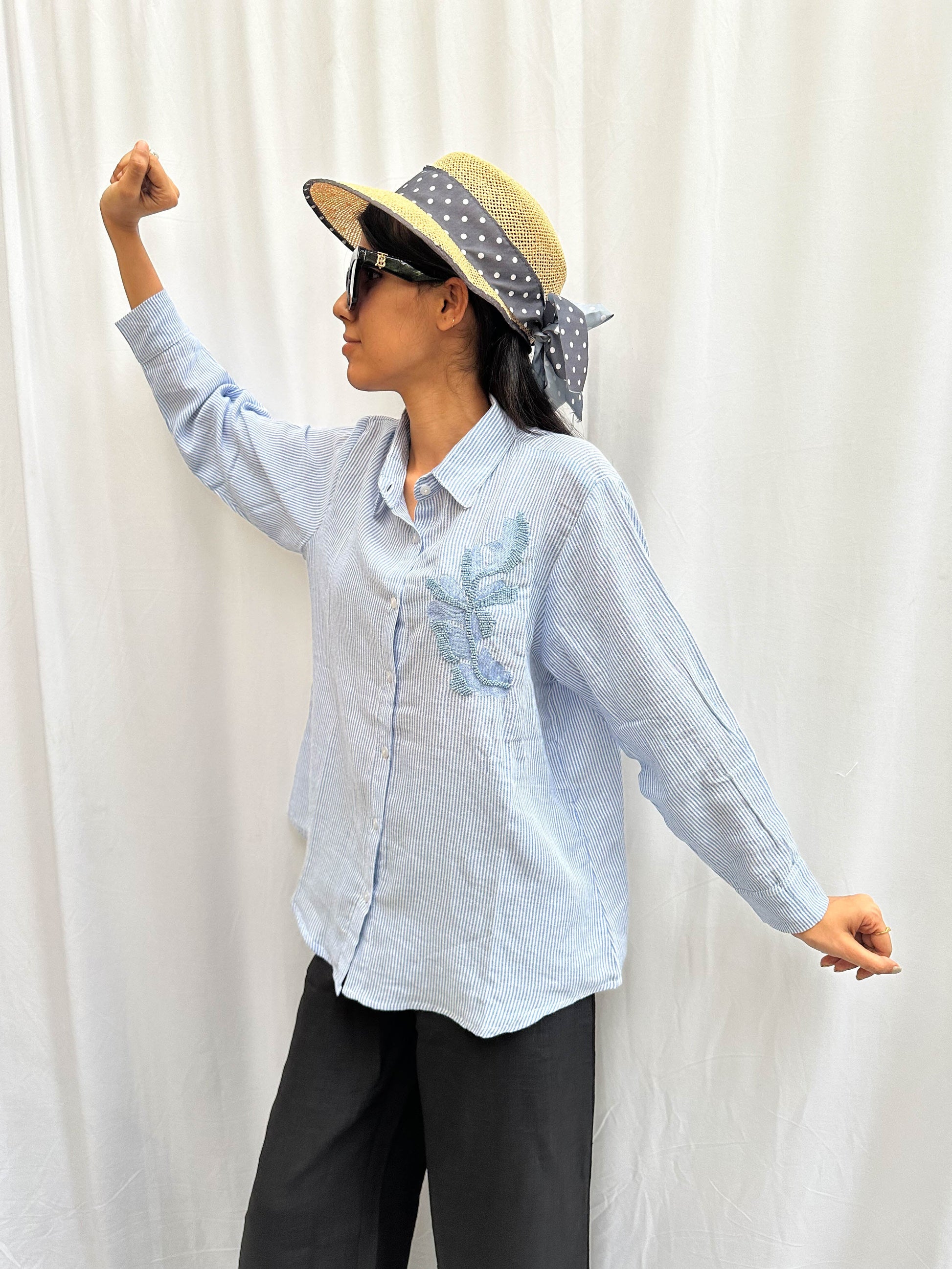 LIGHT BLUE COTTON SHIRT WITH EMBROIDERED PATCHWORK BESU INDIA