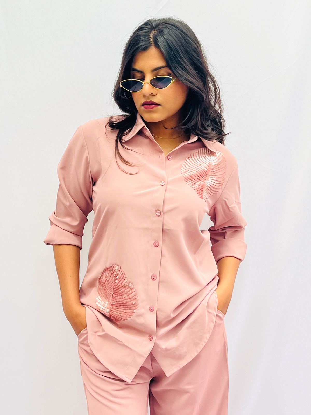 LIGHT PEACH CREPE SEQUINS EMBROIDERED CO-ORDS BESU INDIA