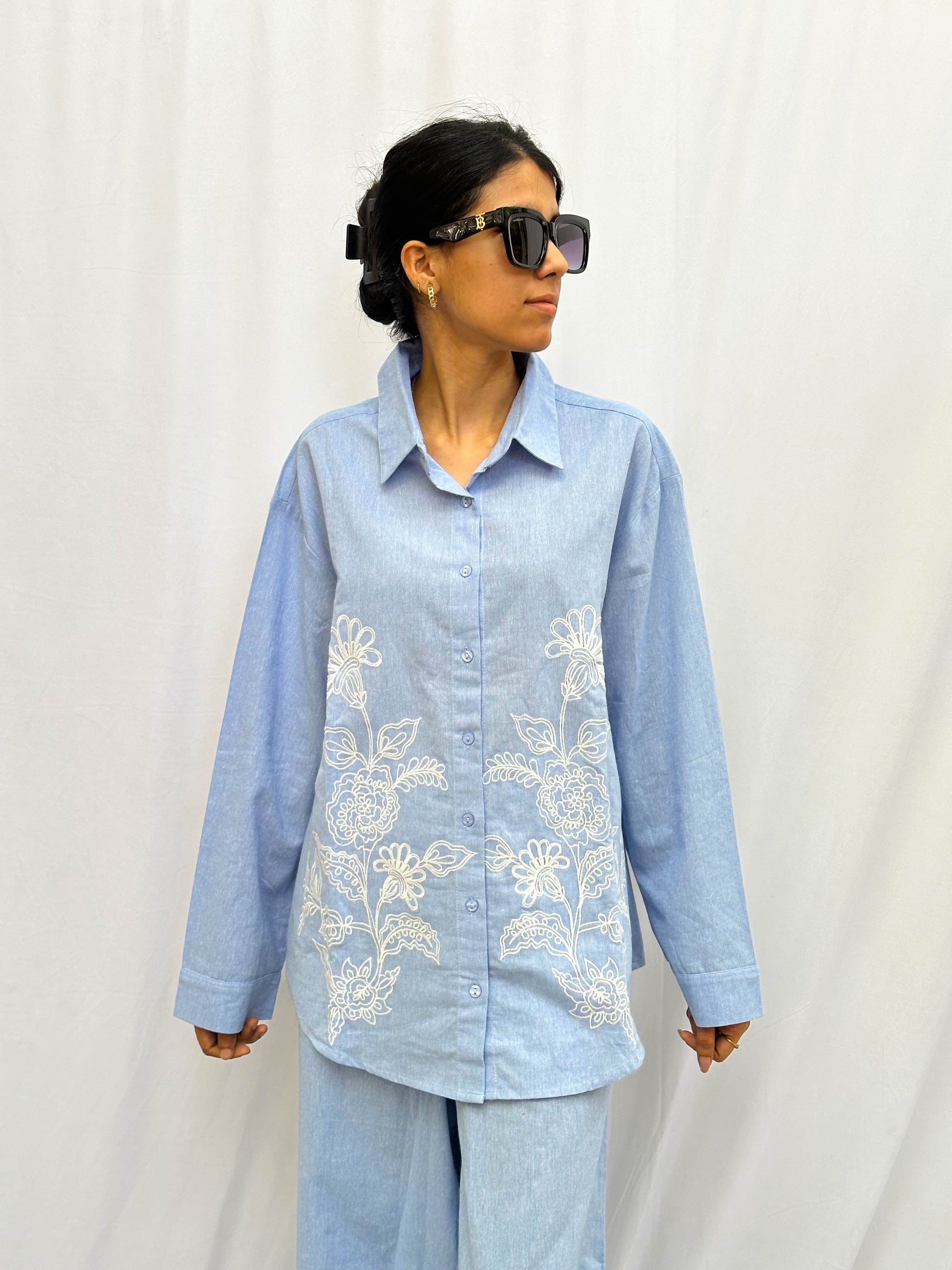 LIGHT BLUE LINEN CO-ORDS WITH WHITE THREAD EMBROIDERY BESU INDIA