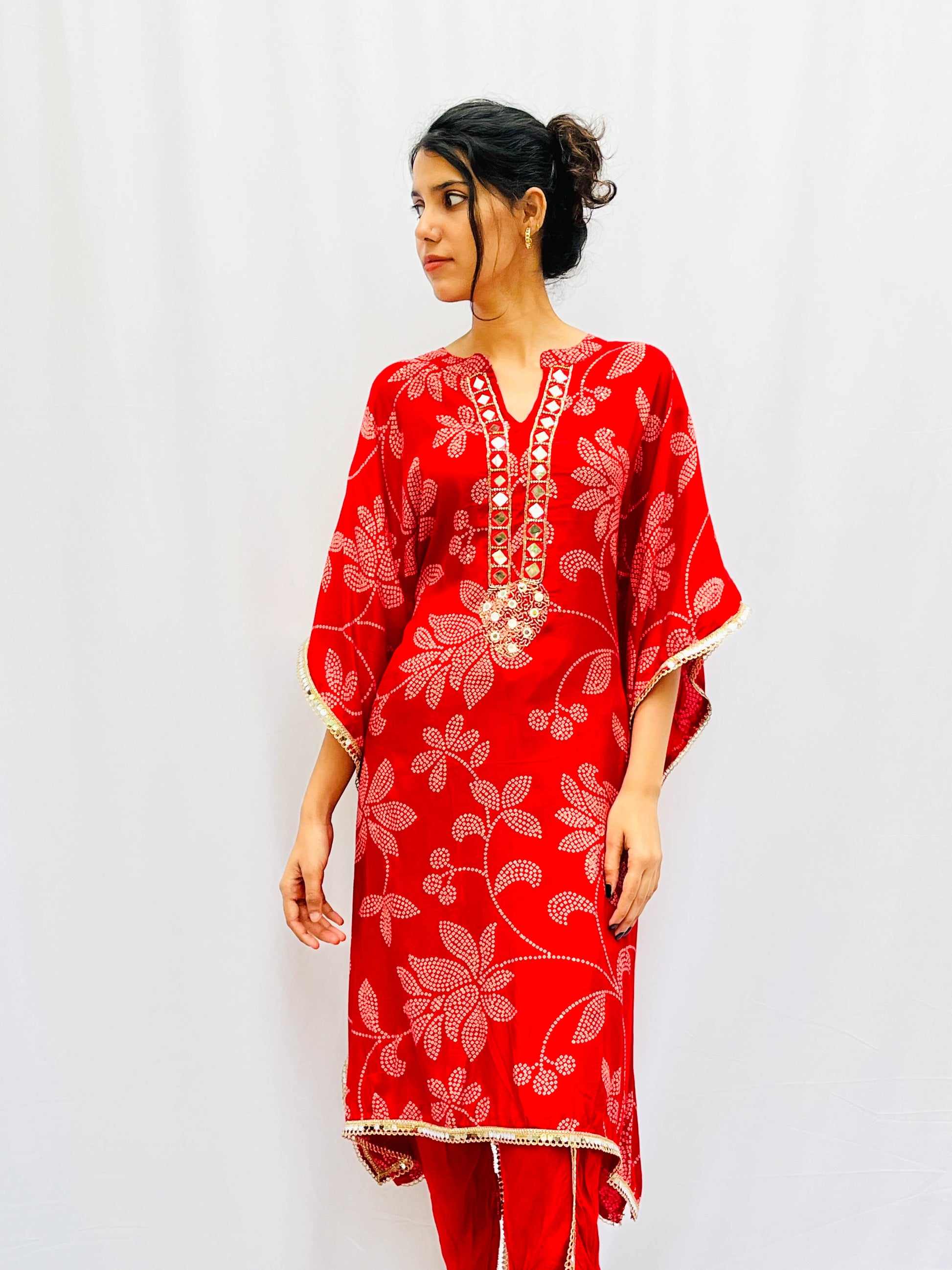 RED FLORAL PRINTED KAFTAN WITH TULIP PANTS BESU INDIA